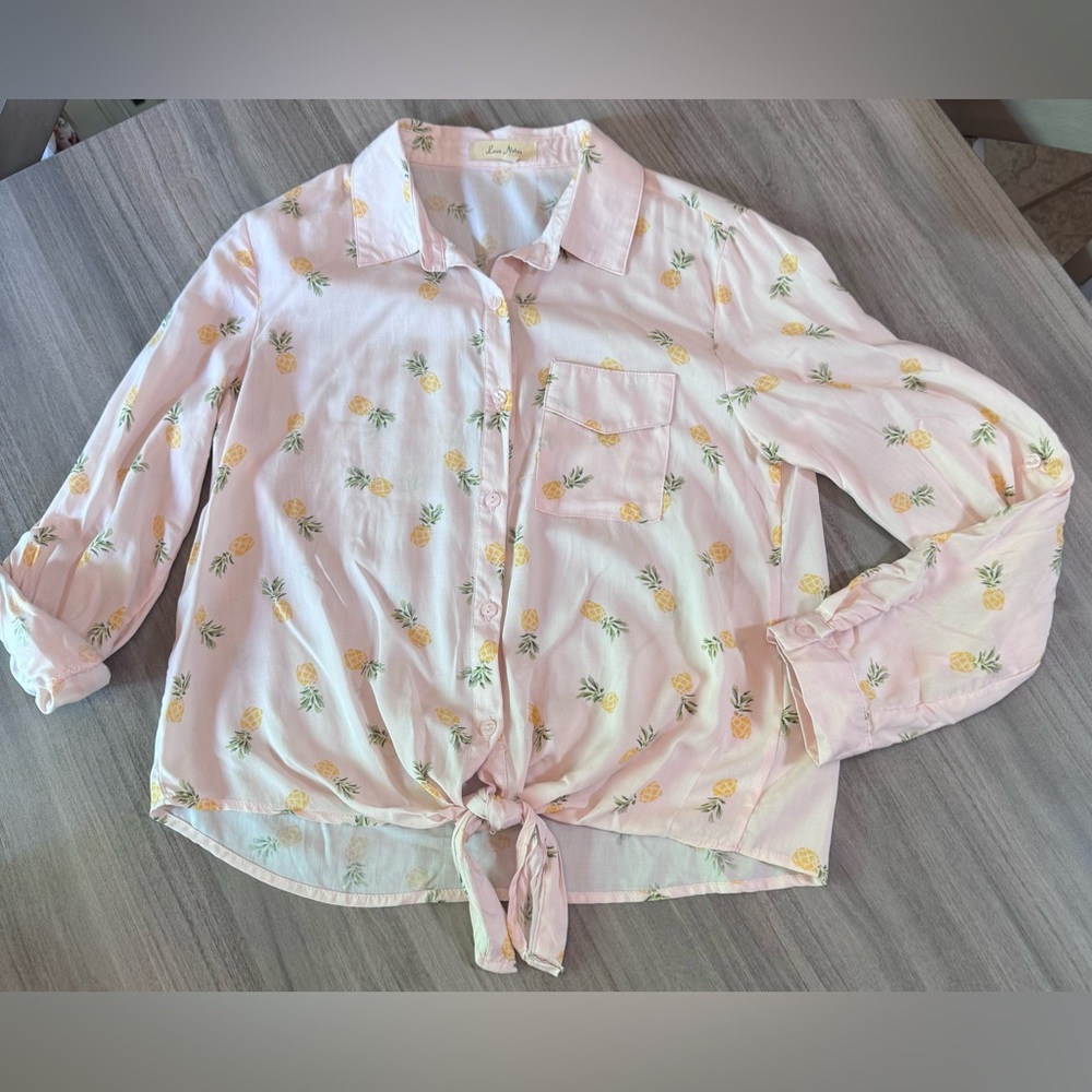 Love Note- Light Pink w/Pineapple Tie-Front Shirt